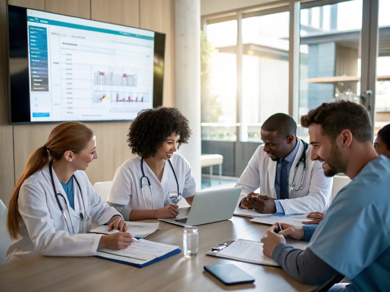 A group of healthcare professionals participating in a workshop, engaging in a discussion with the psychologist.