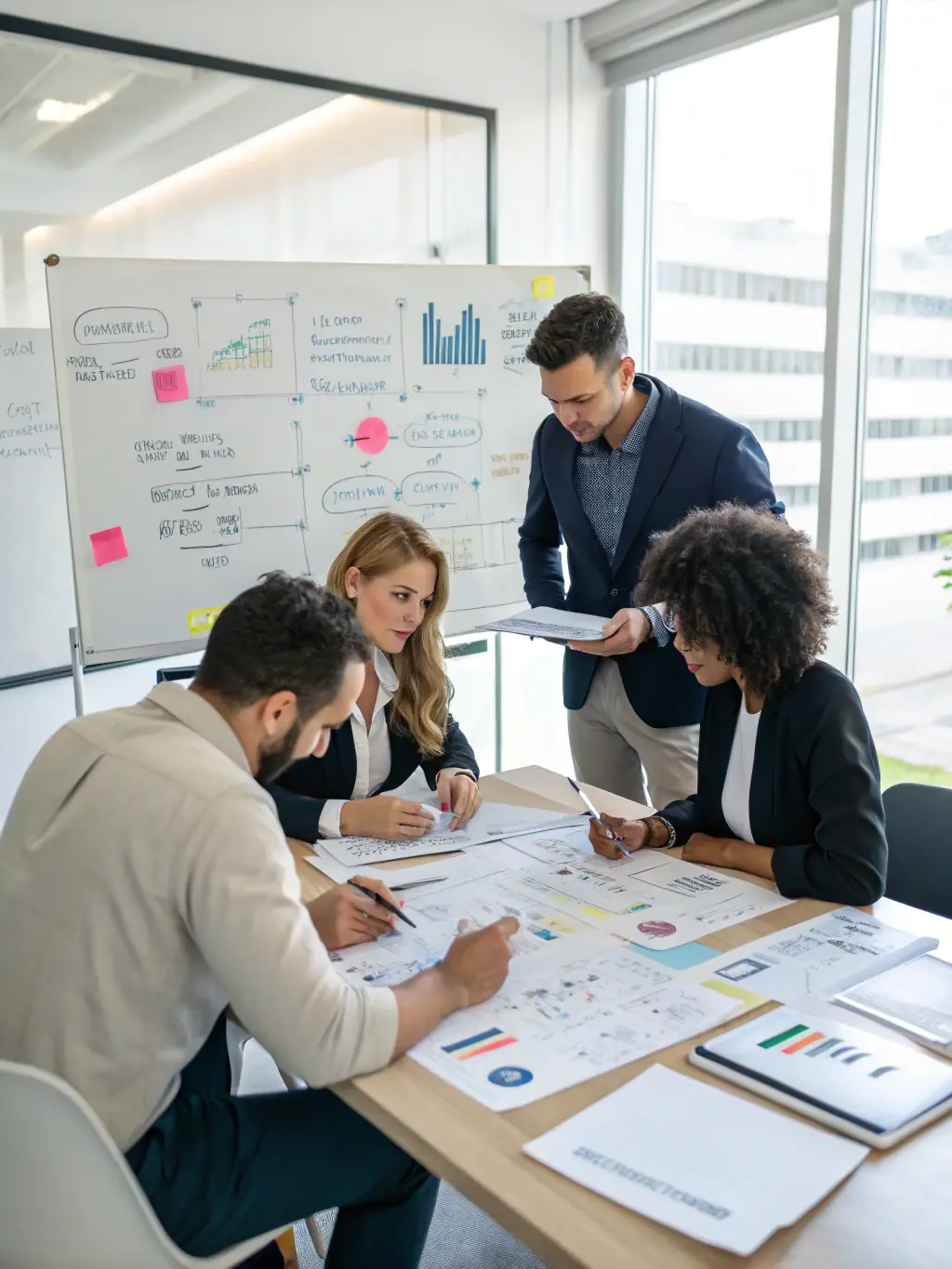 A psychologist leading a change management session with a company's leadership team, focusing on strategic planning and effective communication to navigate organizational transitions smoothly.