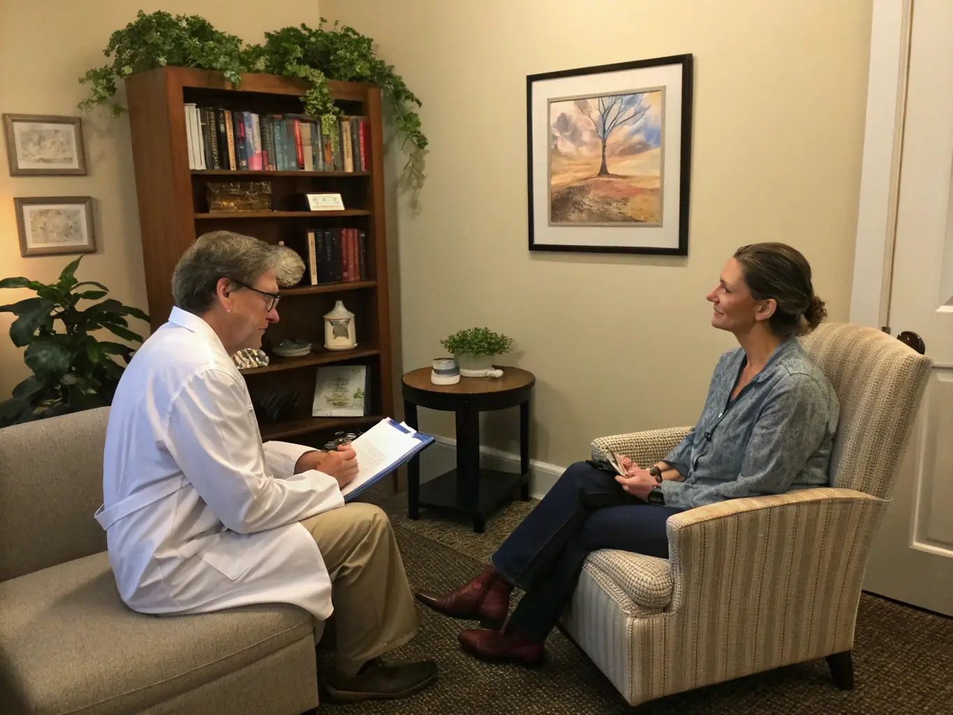 A doctor looking confident and in control, consulting with a psychologist in a bright and modern office setting.