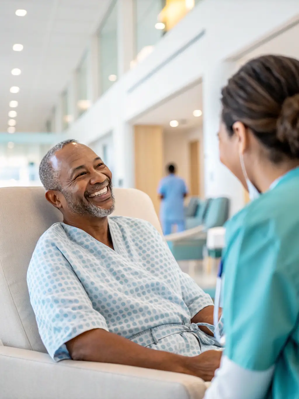 A healthcare professional looking relieved after a therapy session, symbolizing stress reduction and improved well-being.