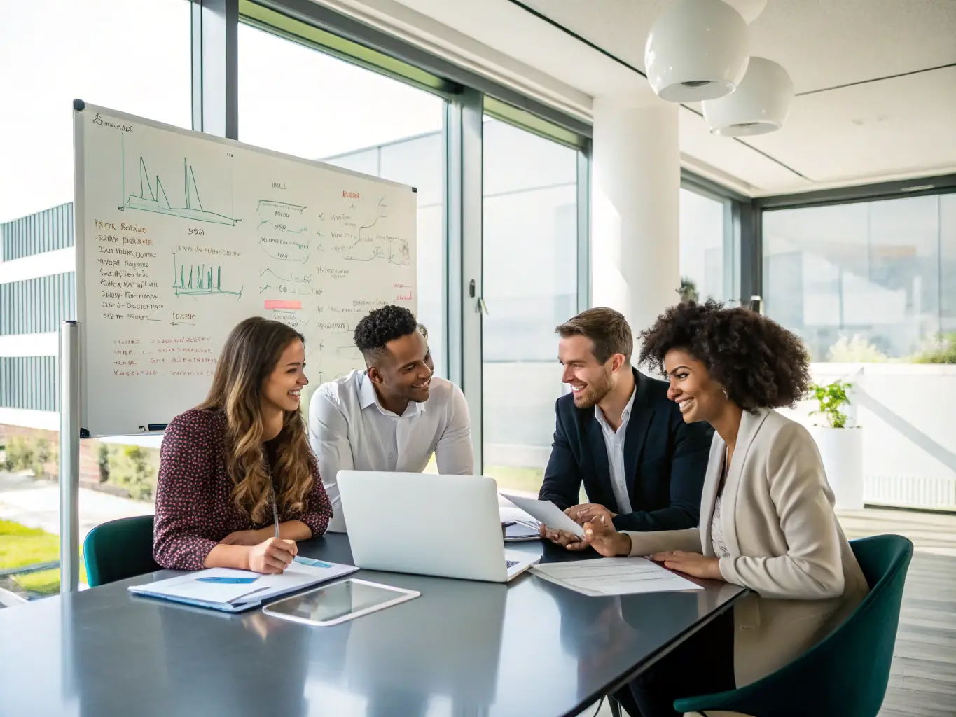 A diverse team of professionals in a meeting room, engaged in a conflict resolution session, with a mediator facilitating the discussion.