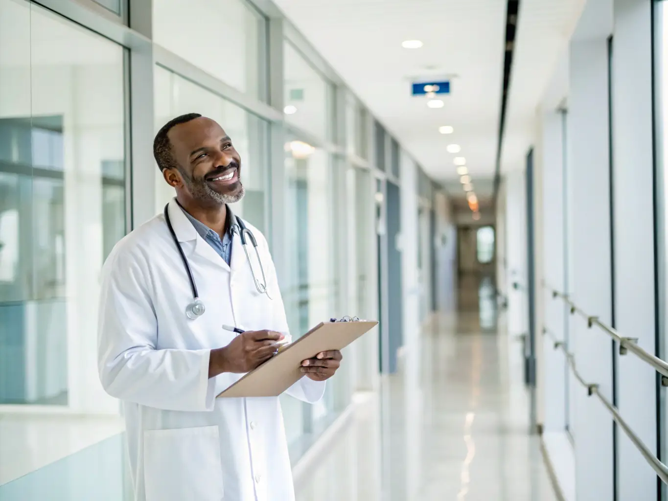 A healthcare professional in a clean, modern hospital setting, looking thoughtful and composed, representing the demanding nature of their work.