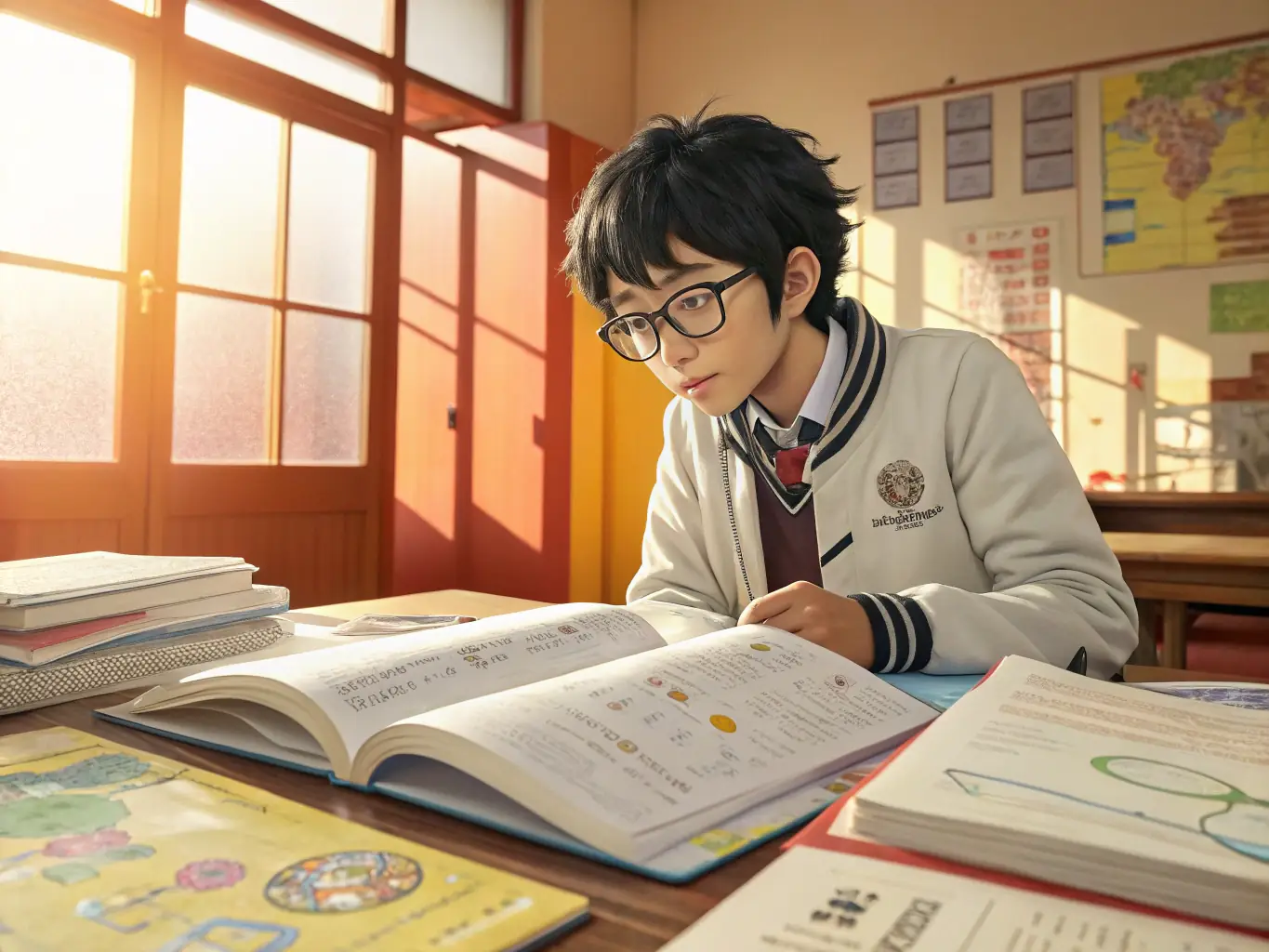 A medical student in a brightly lit study room, looking stressed but determined, surrounded by textbooks and notes, symbolizing the pressures faced by students.