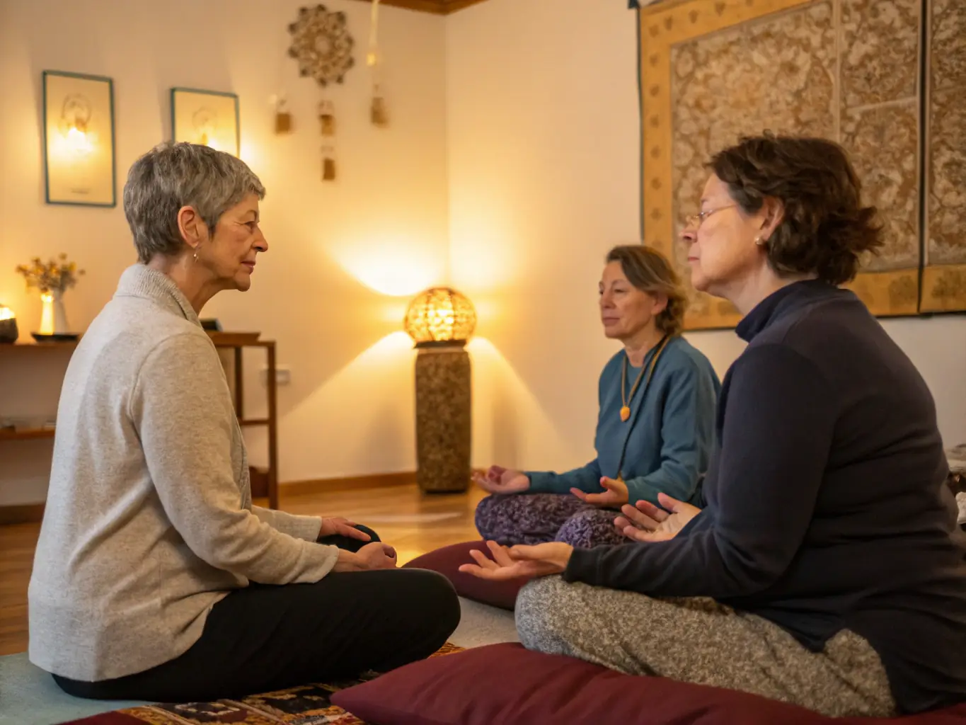 A professional mediator guiding a discussion between two employees in a calm and supportive setting.